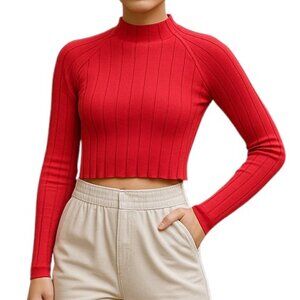 House of Harlow 1960 Women's Red Mock Neck Cropped Ribbed Long Sleeve Size M